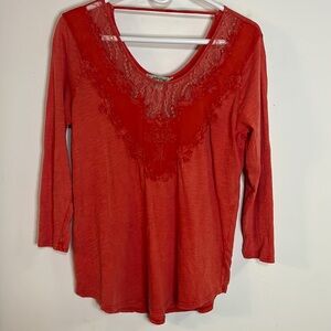 Lucky Brand Boho Knit Lace-Trim Top Terracotta V-Neck Tunic 3/4 Sleeve Size L